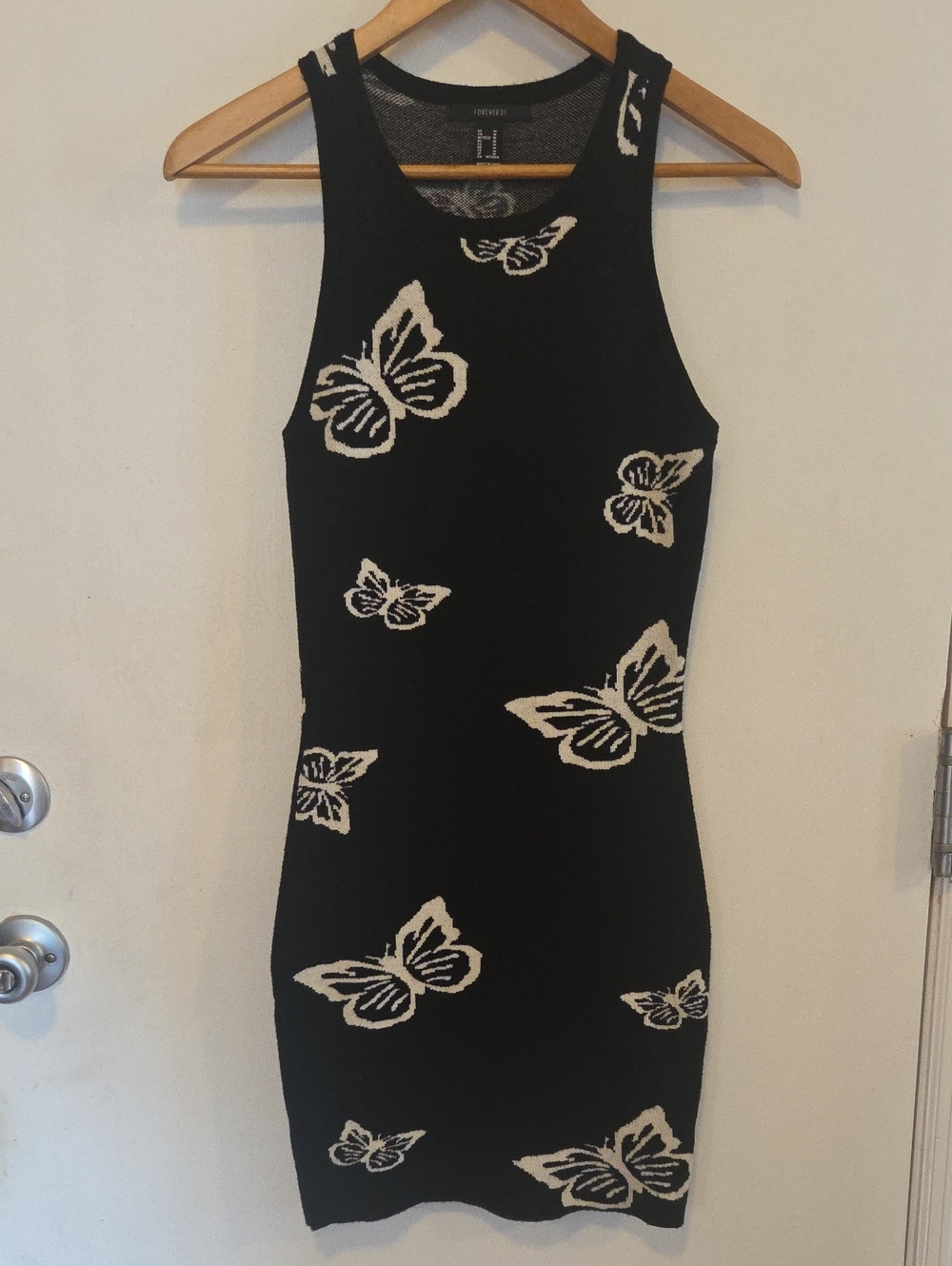 Forever21 Black Knit Mini Dress with White Butterfly Motif - Size Medium